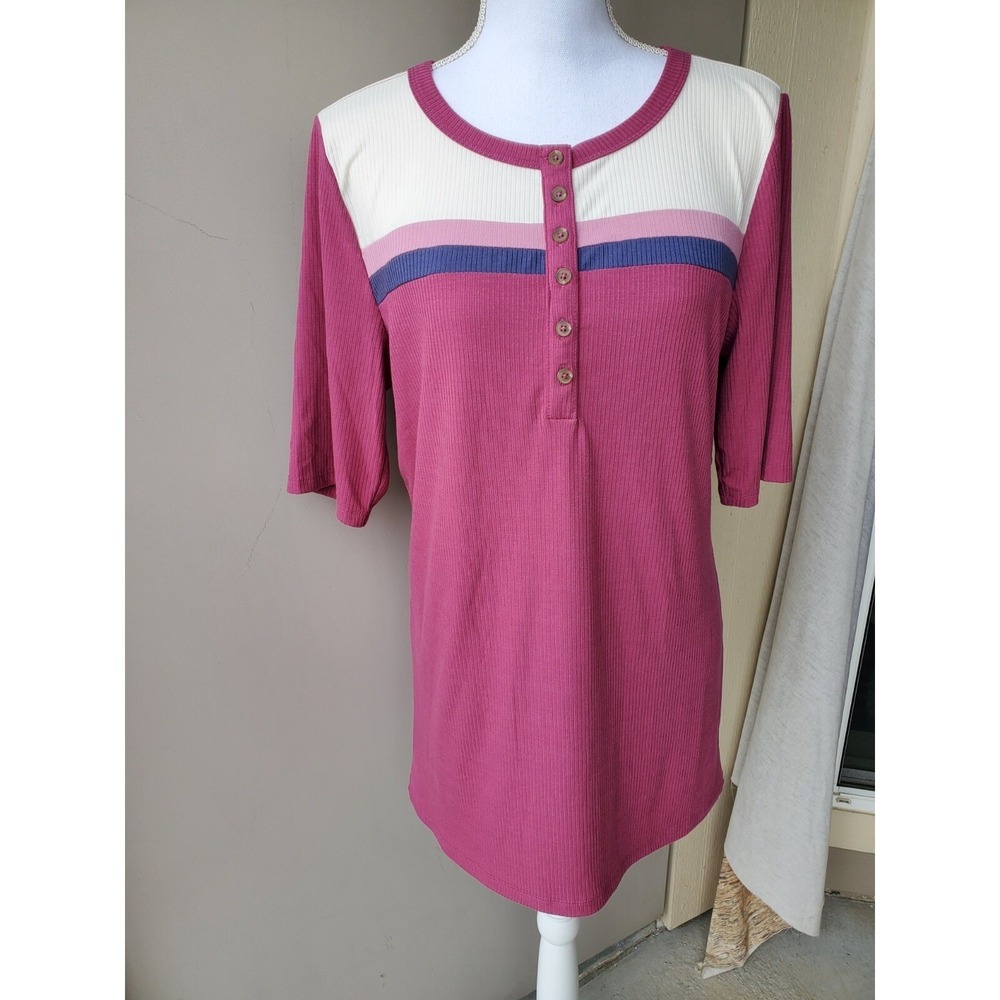 Torrid Henley Top Womens 1X Pink Colorblock Ribbed Short Sleeve Casual Tee